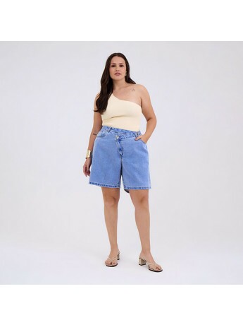 Bermuda Jeans Cós Transpassado Feminino Plus Size