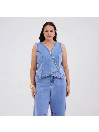Colete Jeans Transpassado Feminino Plus Size