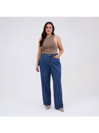 Calça Jeans Reta Feminino Plus Size Azul Médio 