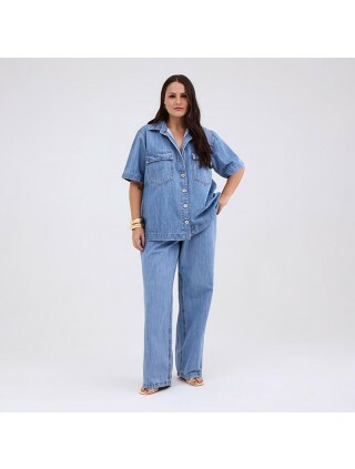 Camisa Jeans Alongada Azul Claro Feminino Plus Size 